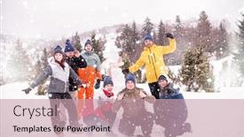  Presentation with business competition - Colorful slide set enhanced with group portrait of young happy business people after a competition posing with finished snowman while enjoying snowy winter day with snowflakes around them during a team building in the mountain forest backdrop and a coral colored foreground