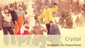  Presentation with business competition - Slide deck having group portrait of young happy business people after a competition posing with finished snowman while enjoying snowy winter day with snowflakes around them during a team building in the mountain forest background and a cream colored foreground