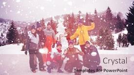  Presentation with business competition - Slide set featuring group portrait of young happy business people after a competition posing with finished snowman while enjoying snowy winter day with snowflakes around them during a team building in the mountain forest background and a coral colored foreground