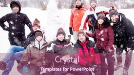 Presentation with building team - PPT theme having group portrait of young happy business people after a competition posing with finished snowman while enjoying snowy winter day with snowflakes around them during a team building in the mountain forest background and a violet colored foreground