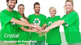  Presentation with recycling - Amazing PPT theme having group portrait of young people in recycling symbol t-shirts with hands together over white background backdrop and a shamrock green colored foreground