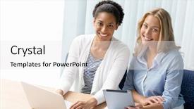  Presentation with working together - Colorful slide deck enhanced with group projects - two women working together backdrop and a white colored foreground