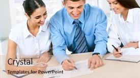  Presentation with young business people - PPT theme having group projects - young business people discussing background and a lemonade colored foreground