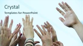  Presentation with group - Audience pleasing presentation consisting of group raising hands backdrop and a cool aqua colored foreground