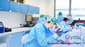  Presentation with covid vaccine - Presentation design featuring group-researchers-from-pharmaceutical-company background and a light blue colored foreground