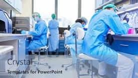  Presentation with biotechnology laboratory - Amazing PPT theme having group-researchers-work-together backdrop and a light blue colored foreground