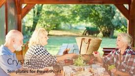  Presentation with seniors - Audience pleasing PPT theme consisting of group-seniors-having-brunch backdrop and a coral colored foreground