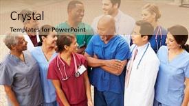  Presentation with team group - Presentation theme consisting of group shot of medical team background and a coral colored foreground