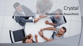  Presentation with round table - Presentation theme with group sitting at the round background and a light gray colored foreground