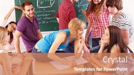  Presentation with blackboard - PPT theme featuring group student in classroom near blackboard background and a coral colored foreground