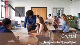  Presentation with design work - Colorful presentation enhanced with group students - teacher talking to female high backdrop and a coral colored foreground