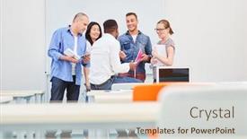  Presentation with team group - PPT theme having group-students-as-a-dynamic background and a sky blue colored foreground