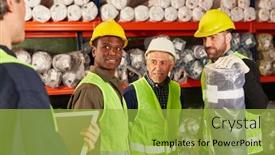  Presentation with logistics - PPT layouts enhanced with group-warehouse-workers background and a yellow colored foreground