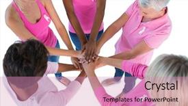  Presentation with pink ribbon hands - Amazing slide set having group wearing pink and ribbons backdrop and a coral colored foreground
