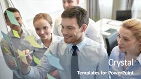  Presentation with marker - Presentation design consisting of group worker - smiling business people with marker background and a gray colored foreground