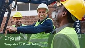  Presentation with team group - Colorful slide deck enhanced with group-worker-as-a-logistics backdrop and a ocean colored foreground