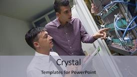  Presentation with computer network - Presentation design consisting of group working on tablet computer background and a light gray colored foreground