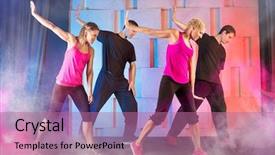  Presentation with fitness dance - Slide deck enhanced with group young people practicing fitness background and a coral colored foreground