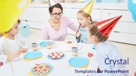  Presentation with birthday cake and candle - PPT theme enhanced with groupmates and teacher in kindergarten background and a  colored foreground