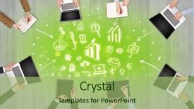  Presentation with group - Audience pleasing presentation theme consisting of groups arrows - group of people with devices backdrop and a  colored foreground