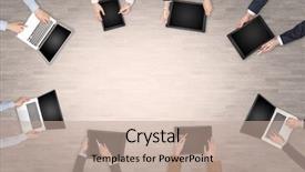  Presentation with group discussion - Beautiful slide deck featuring groups arrows - group of people with devices backdrop and a  colored foreground