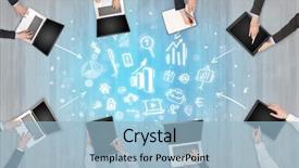  Presentation with group - PPT theme consisting of groups arrows - group of people with devices background and a  colored foreground