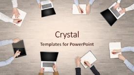  Presentation with group discussion - Presentation theme consisting of groups arrows - group of people with devices background and a  colored foreground