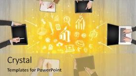  Presentation with group - Audience pleasing theme consisting of groups arrows - group of people with devices backdrop and a yellow colored foreground