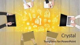  Presentation with people - Audience pleasing PPT theme consisting of groups arrows - group of people with devices backdrop and a yellow colored foreground