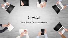  Presentation with group discussion - Cool new PPT layouts with groups arrows - group of people with devices backdrop and a light gray colored foreground