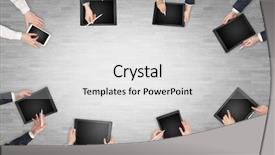  Presentation with group discussion - PPT theme enhanced with groups arrows - group of people with devices background and a light gray colored foreground