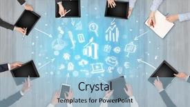  Presentation with group - Theme featuring groups arrows - group of people with devices background and a light blue colored foreground