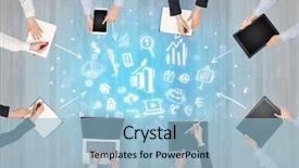  Presentation with potter hands making in clay - Colorful PPT theme enhanced with groups arrows - group of people with devices backdrop and a light blue colored foreground