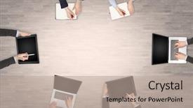  Presentation with group discussion - Amazing presentation theme having groups arrows - group of people with devices backdrop and a mint green colored foreground