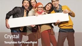  Presentation with empty - Colorful slides enhanced with groups arrows - smiling people with empty board backdrop and a tawny brown colored foreground