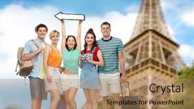  Presentation with eiffel tower - Amazing slide deck having groups arrows - summer holidays tourism and vacation backdrop and a coral colored foreground