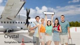  Presentation with travel friends - Colorful slides enhanced with groups arrows - summer holidays tourism and vacation backdrop and a mint green colored foreground