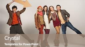  Presentation with group of three young girl - Cool new presentation with groups arrows - young man pointing at group backdrop and a coral colored foreground