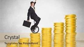  Presentation with man riding big bike motor - Beautiful presentation theme featuring grow money - business man riding monocycle up backdrop and a yellow colored foreground