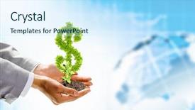  Presentation with hand holding plant - Presentation theme enhanced with grow money - image of human hands holding background and a sky blue colored foreground