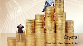  Presentation with piles - Amazing slide deck having grow money - people on golden euro coin backdrop and a yellow colored foreground