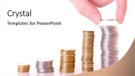  Presentation with few thread bobbin isolated - Slide deck featuring growing economy - few coin columns isolated background and a white colored foreground