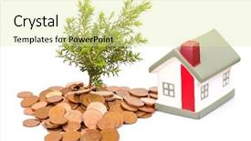  Presentation with house building plans - Beautiful PPT theme featuring growing housing market - coins house and plant isolated backdrop and a blonde colored foreground