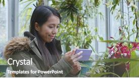  Presentation with green house - PPT layouts enhanced with growing housing market - woman taking photo with cellphone background and a  colored foreground