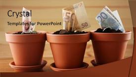  Presentation with growing - Presentation theme having growing money in flowerpots on wooden background background and a coral colored foreground
