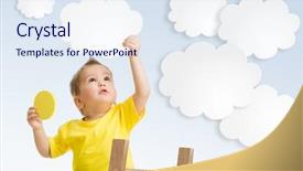  Presentation with cloud - Beautiful presentation design featuring growing up kids - kid attaching cloud to sky backdrop and a sky blue colored foreground