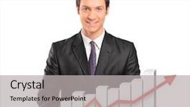  Presentation with financial - PPT theme featuring grows chart - smiling businessman behind a 3d background and a light gray colored foreground