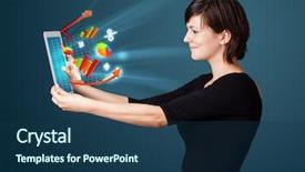  Presentation with business abstract - Slide set featuring woman looking at modern tablet background and a ocean colored foreground