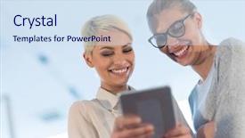  Presentation with using digital tablet - Presentation theme having growth decision - business women using digital tablet background and a sky blue colored foreground
