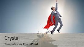  Presentation with how to save waster in current situation - Theme with growth decision - superhero businessman escaping from difficult background and a light gray colored foreground